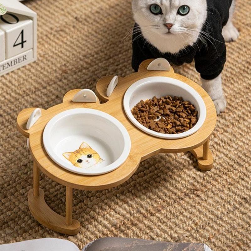 Elegant Ceramic Wood Cat Bowl Set with Anti-Skid Holder-Cat Bowl Set-10-Colydia