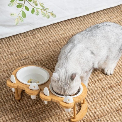 Elegant Ceramic Wood Cat Bowl Set with Anti-Skid Holder-Cat Bowl Set-3-Colydia