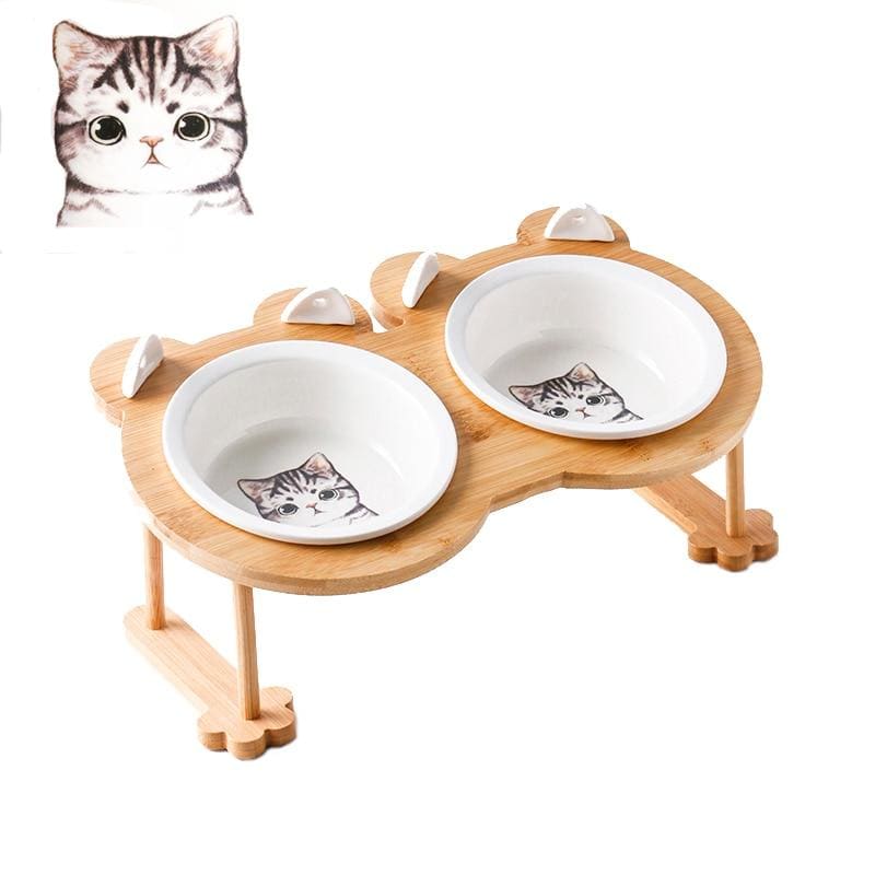 Elegant Ceramic Wood Cat Bowl Set with Anti-Skid Holder-Cat Bowl Set-Gray Cat-6-Colydia