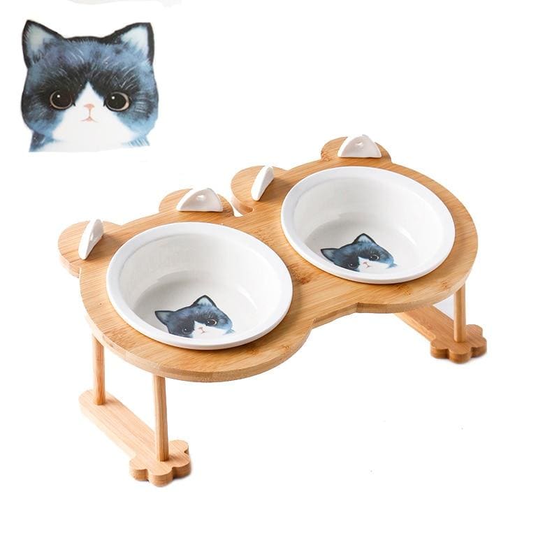 Elegant Ceramic Wood Cat Bowl Set with Anti-Skid Holder-Cat Bowl Set-Black Cats-5-Colydia