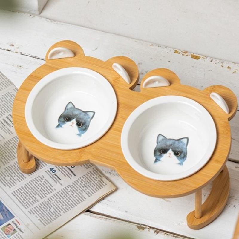 Elegant Ceramic Wood Cat Bowl Set with Anti-Skid Holder-Cat Bowl Set-1-Colydia