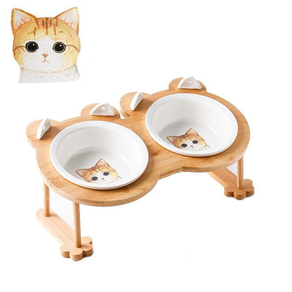 Elegant Ceramic Wood Cat Bowl Set with Anti-Skid Holder-Cat Bowl Set-Yellow Cats-4-Colydia