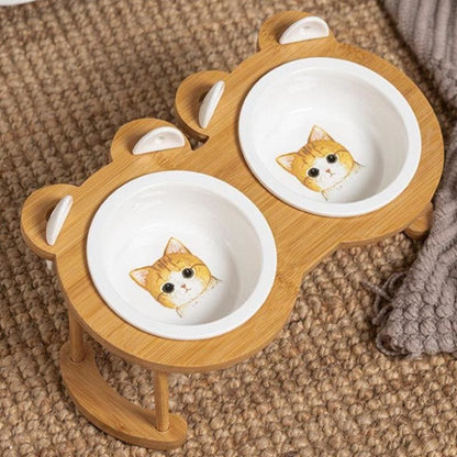 Elegant Ceramic Wood Cat Bowl Set with Anti-Skid Holder-Cat Bowl Set-2-Colydia