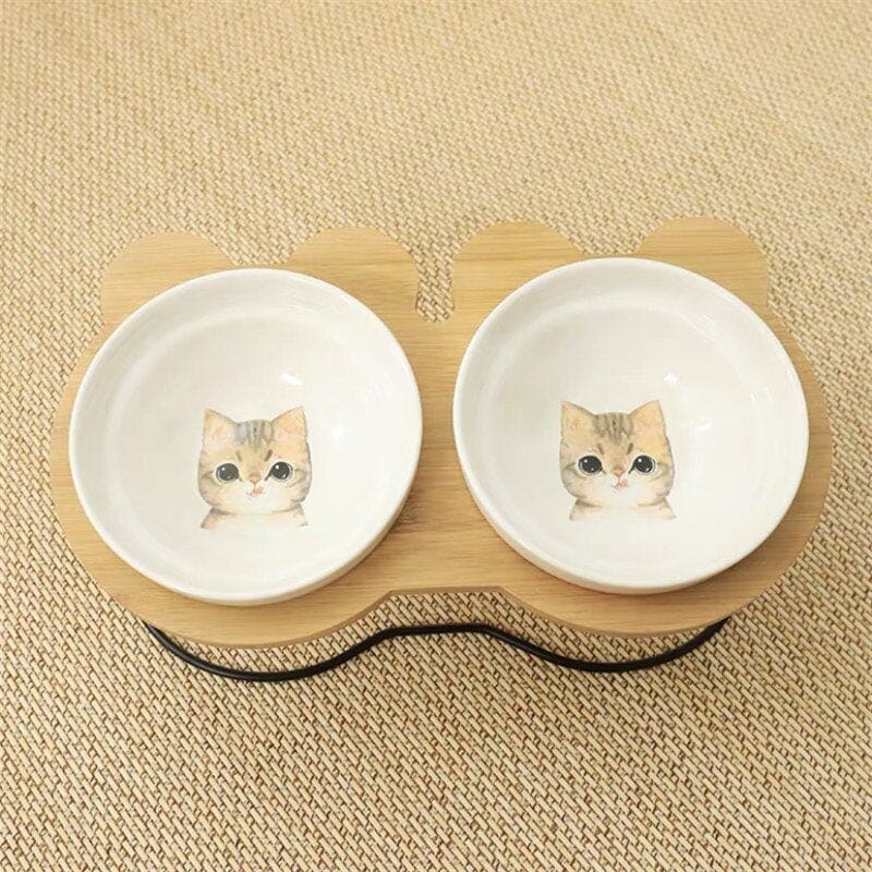 Elevated Double Bowl Cat Feeder Wood Metal Ceramic Bowls-Elevated Cat Feeder-Mischievous Cat-14-Colydia