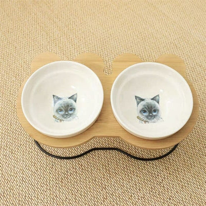 Elevated Double Bowl Cat Feeder Wood Metal Ceramic Bowls-Elevated Cat Feeder-Siamese Cat-16-Colydia