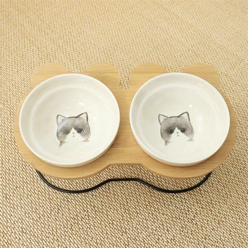 Elevated Double Bowl Cat Feeder Wood Metal Ceramic Bowls-Elevated Cat Feeder-Gray Cat-13-Colydia