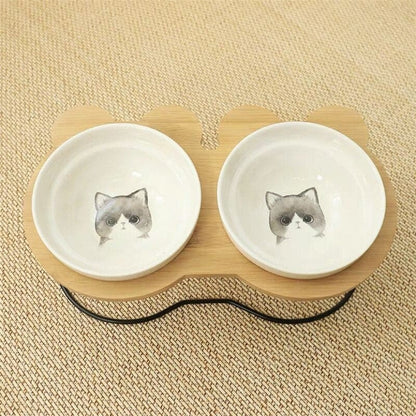 Elevated Double Bowl Cat Feeder Wood Metal Ceramic Bowls-Elevated Cat Feeder-Gray Cat-13-Colydia