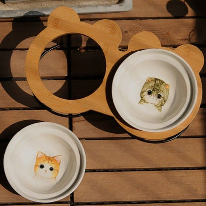 Elevated Double Bowl Cat Feeder Wood Metal Ceramic Bowls-Elevated Cat Feeder-11-Colydia