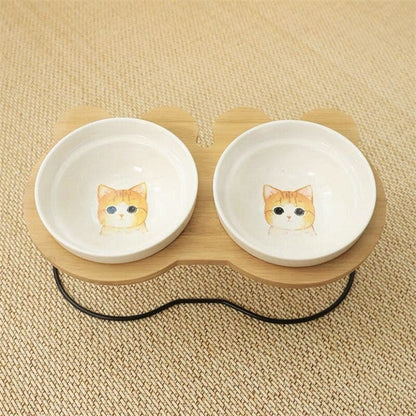 Elevated Double Bowl Cat Feeder Wood Metal Ceramic Bowls-Elevated Cat Feeder-Ginger Cat-15-Colydia