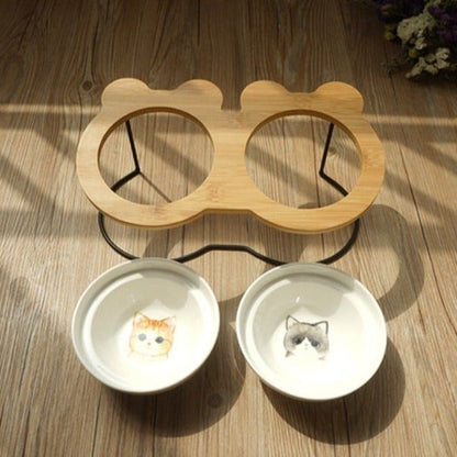 Elevated Double Bowl Cat Feeder Wood Metal Ceramic Bowls-Elevated Cat Feeder-6-Colydia