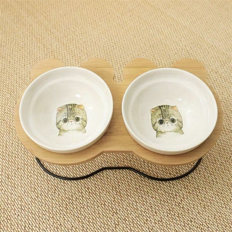 Elevated Double Bowl Cat Feeder Wood Metal Ceramic Bowls-Elevated Cat Feeder-Grumpy Cat-17-Colydia