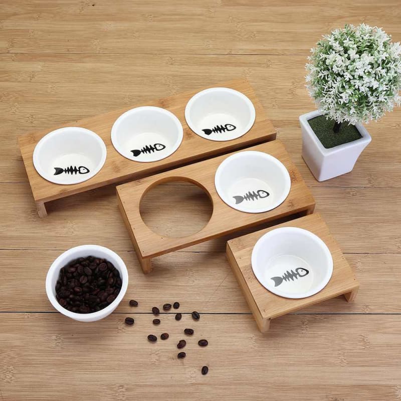 Ceramic Triple Bowl Pet Feeder with Non-Slip Bamboo Stand-Triple Bowl Pet Feeder-2-Colydia