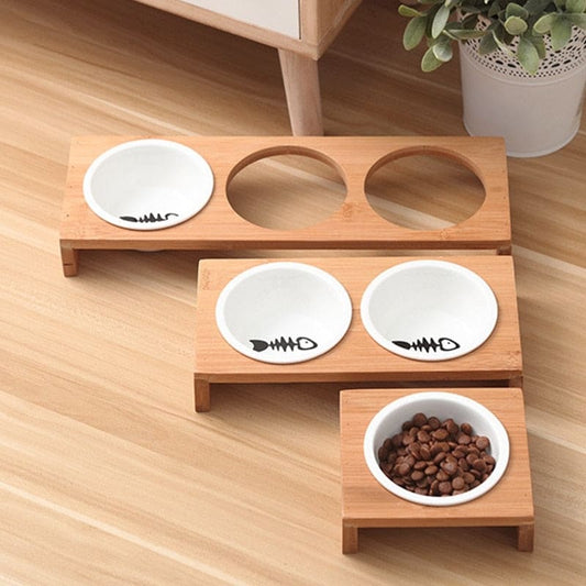 Ceramic Triple Bowl Pet Feeder with Non-Slip Bamboo Stand-Triple Bowl Pet Feeder-1-Colydia