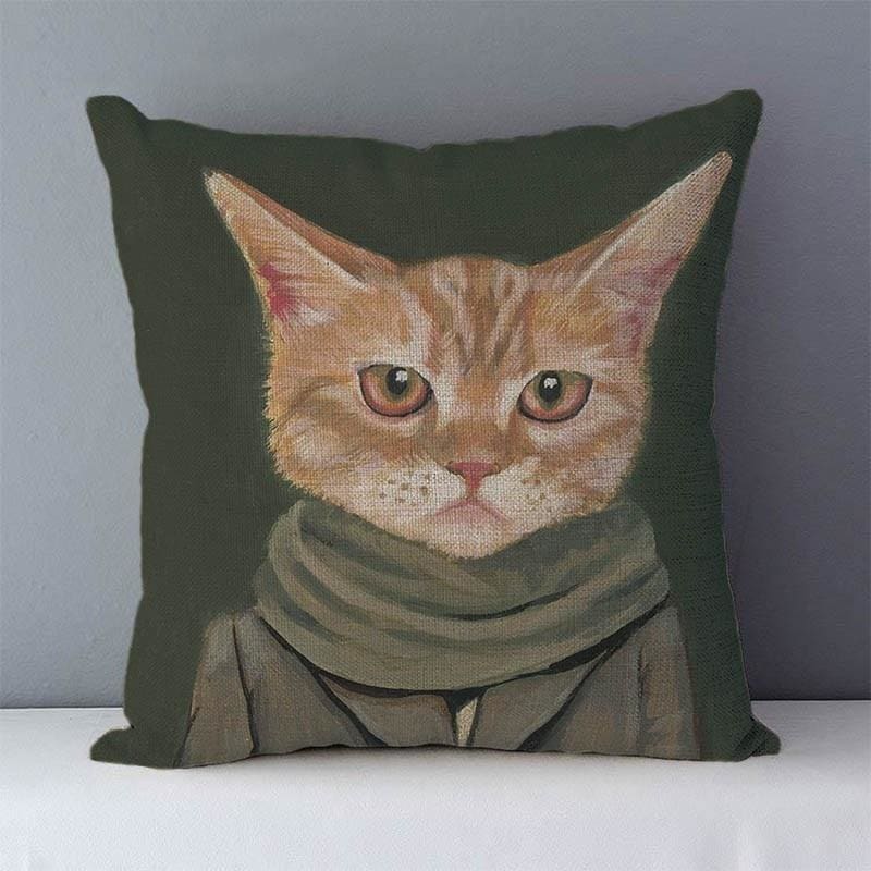 Gentleman Cat Cushion Cover, 100% Cotton, Zipper Closure, 45x45cm-Cushion Cover-Olive (45cmx45cm)-2-Colydia