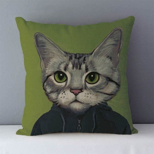 Gentleman Cat Cushion Cover, 100% Cotton, Zipper Closure, 45x45cm-Cushion Cover-Apple Green (45cmx45cm)-1-Colydia