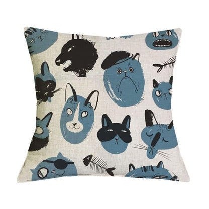 Linen Cushion Cover with Cute Cat Patterns - Feline Home Decor-Cushion Cover-Blue Cats-5-Colydia