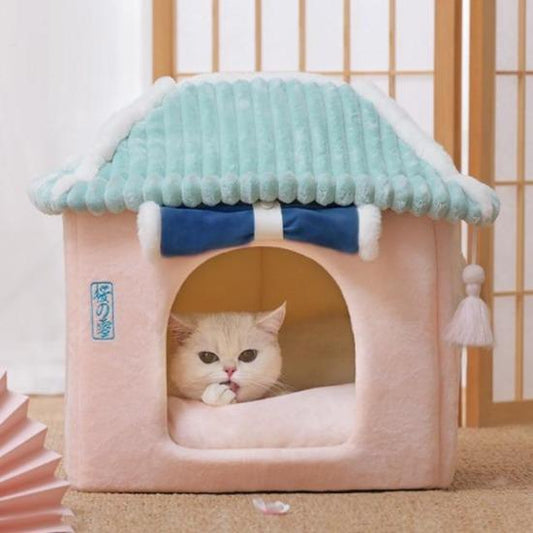 Pet Ryokan Bed with Sakura Curtains - Cozy Luxury, Easy to Clean-Pet Bed-Green Curtain-1-Colydia