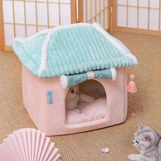 Pet Ryokan Bed with Sakura Curtains - Cozy Luxury, Easy to Clean-Pet Bed-Green Curtain-7-Colydia