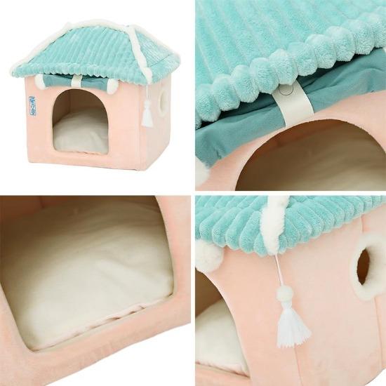 Pet Ryokan Bed with Sakura Curtains - Cozy Luxury, Easy to Clean-Pet Bed-Green Curtain-5-Colydia