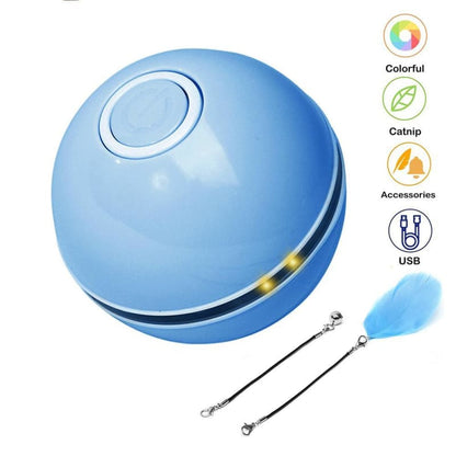 Automatic Self-Rotating Cat Ball Toy with USB Charging & LED Light-Interactive Cat Toy-Blue + feather-2-Colydia