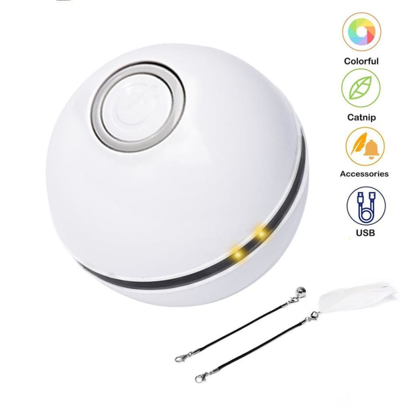 Automatic Self-Rotating Cat Ball Toy with USB Charging & LED Light-Interactive Cat Toy-White + feather-3-Colydia