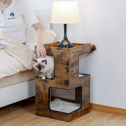 3-Level Cat Tower Side Table with Durable Scratcher & Fun Toy-Cat Tower Side Table-Brown-2-Colydia