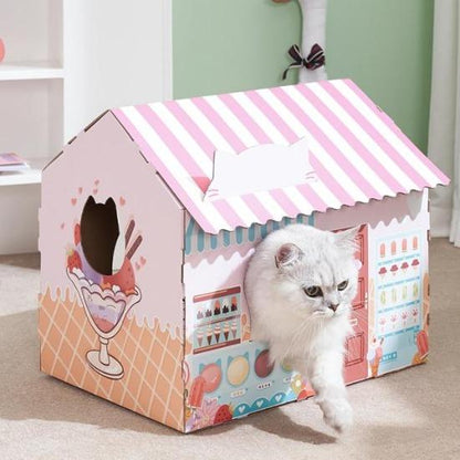 Kitty Cardboard House with Durable, Fun Interactive City Designs-Cat Playhouse-Ice Cream-4-Colydia