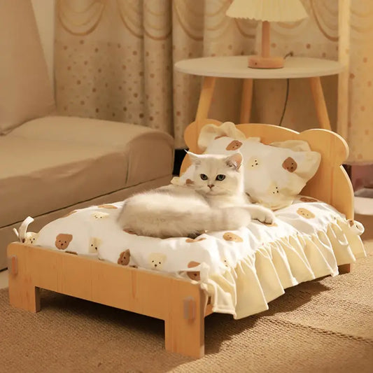 Retro Chic Wooden Cat Bed with Teddy Bear Bedding-Cat Bed-1-Colydia