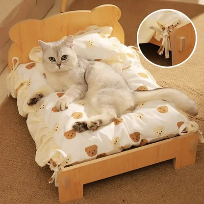 Retro Chic Wooden Cat Bed with Teddy Bear Bedding-Cat Bed-3-Colydia