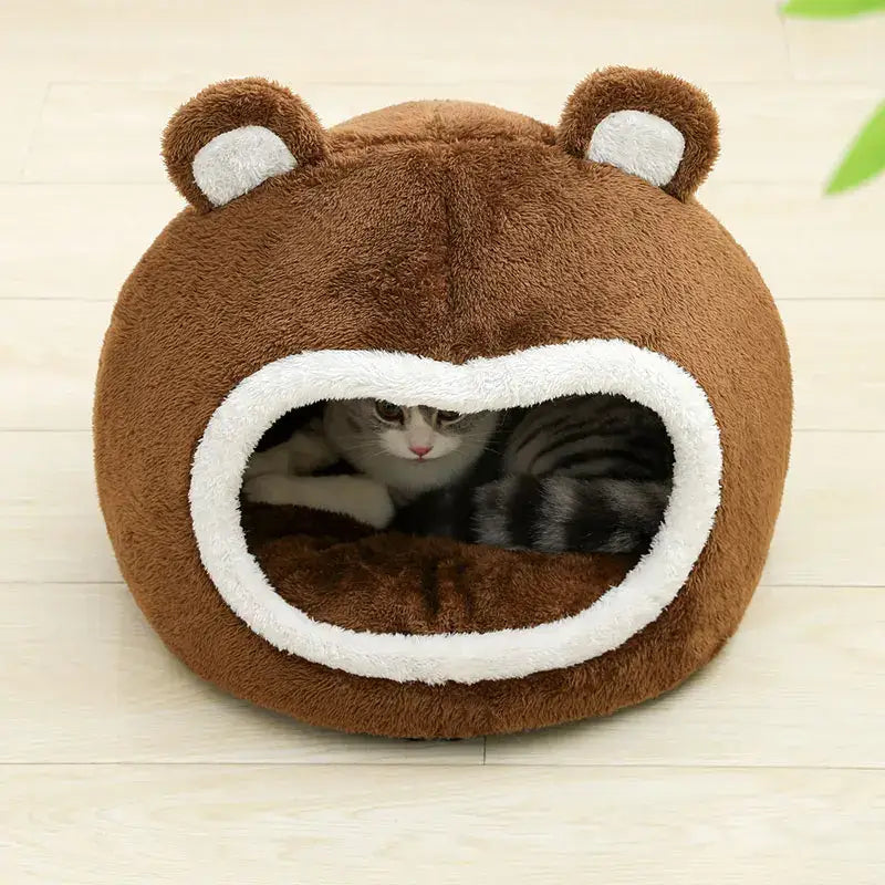 Cozy Bear-Themed Cat House with Plush Cushion and Non-Slip Base-Cat House-4-Colydia