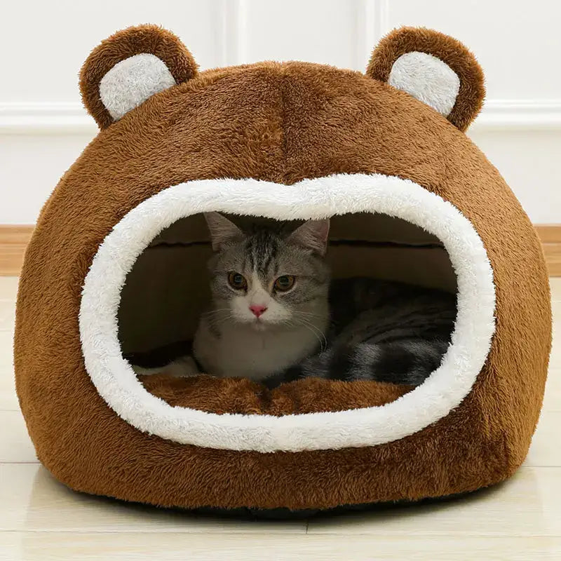 Cozy Bear-Themed Cat House with Plush Cushion and Non-Slip Base-Cat House-S: < 3kg (33x33x29 cm)-1-Colydia