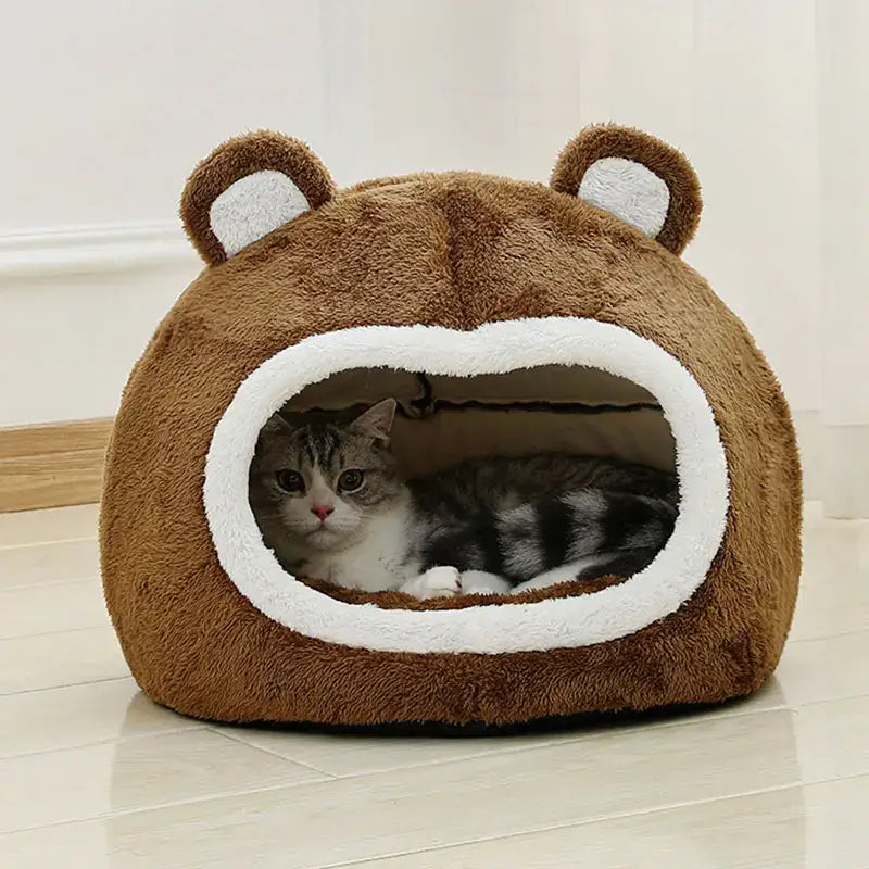 Cozy Bear-Themed Cat House with Plush Cushion and Non-Slip Base-Cat House-2-Colydia