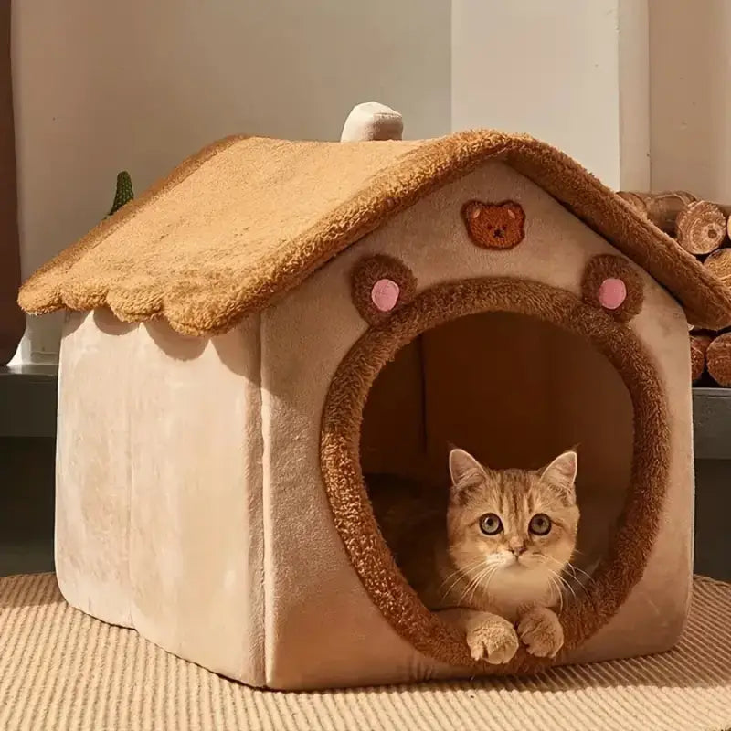 Plush Velvet Cat House | Cozy Teddy Bear Design | Stress Reduction-Cat House-1-Colydia