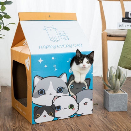 Eco-Friendly Cardboard Cat House with Scratching Post and Openings-Cat House/Playhouse-Happy Cats-4-Colydia