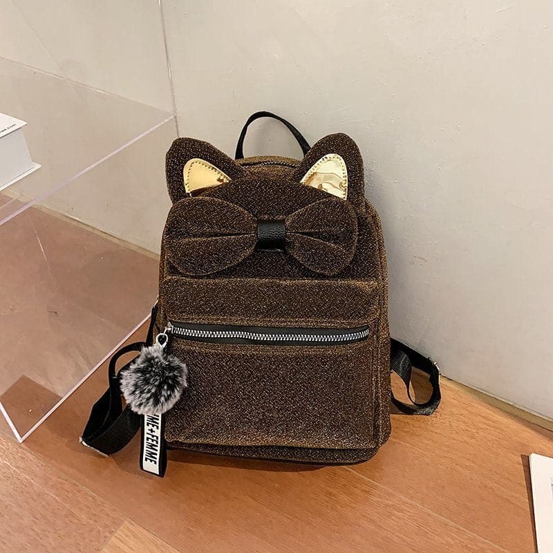 Stylish Mini Cat Ear Backpack with Bow Tie - Perfect for Cat Lovers-Mini Cat Backpack-Chocolate-10-Colydia