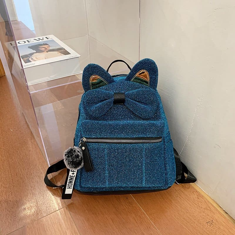 Stylish Mini Cat Ear Backpack with Bow Tie - Perfect for Cat Lovers-Mini Cat Backpack-Blue-9-Colydia