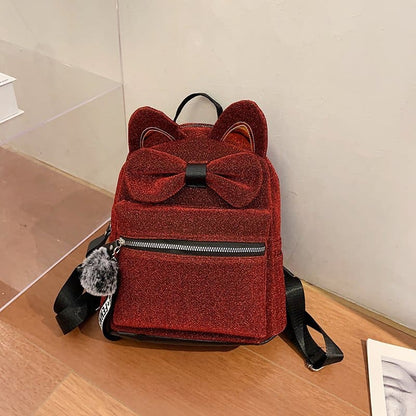 Stylish Mini Cat Ear Backpack with Bow Tie - Perfect for Cat Lovers-Mini Cat Backpack-Burgundy-13-Colydia