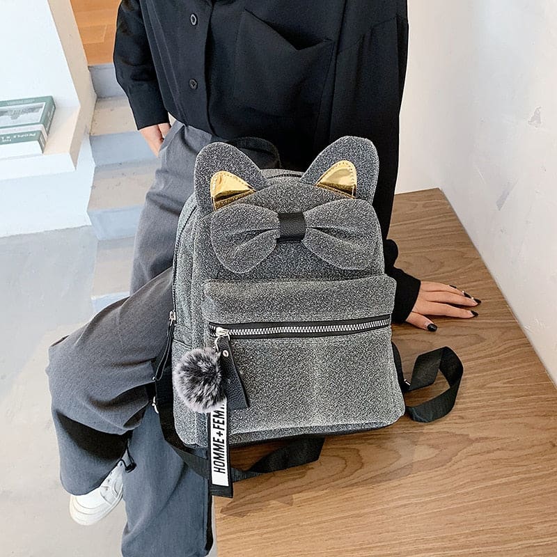 Stylish Mini Cat Ear Backpack with Bow Tie - Perfect for Cat Lovers-Mini Cat Backpack-4-Colydia