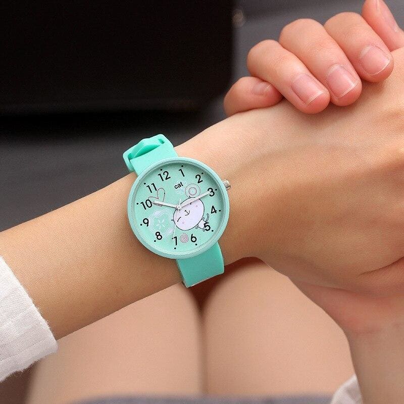 Pastel Quartz Cartoon Cat Watch for Kids – Trendy Gift Idea-Kids' Cartoon Watch-Green-1-Colydia