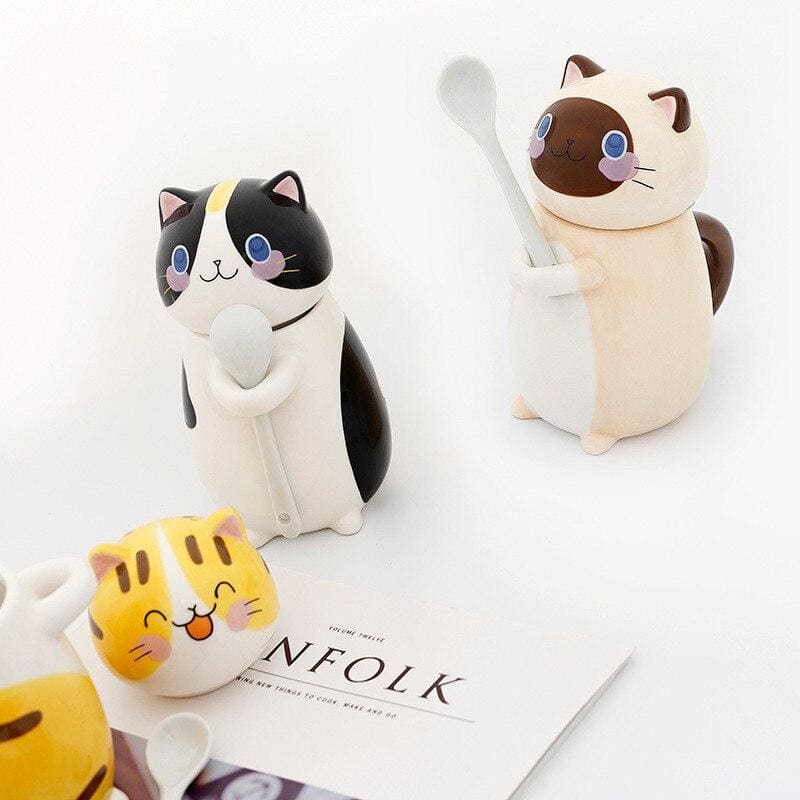 Cute Ceramic Cat Mug with Lid - 300ml, Dishwasher Safe-Ceramic Cat Mug-3-Colydia