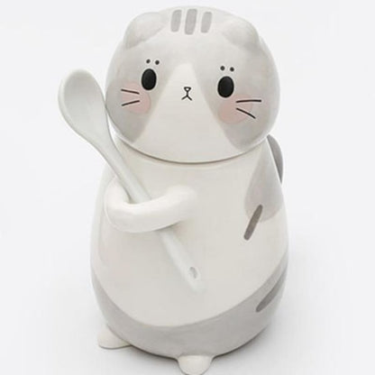 Cute Ceramic Cat Mug with Lid - 300ml, Dishwasher Safe-Ceramic Cat Mug-Gray Cat-300ml-9-Colydia