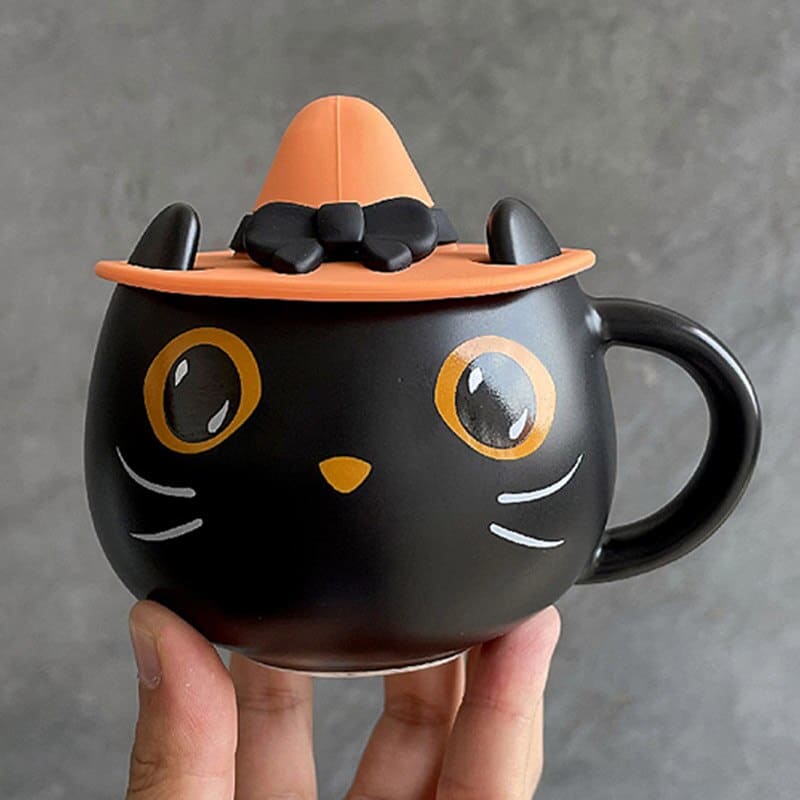 Halloween Black Cat Ceramic Mug with Wizard Hat Lid and Spoon-Ceramic Mug-9-Colydia