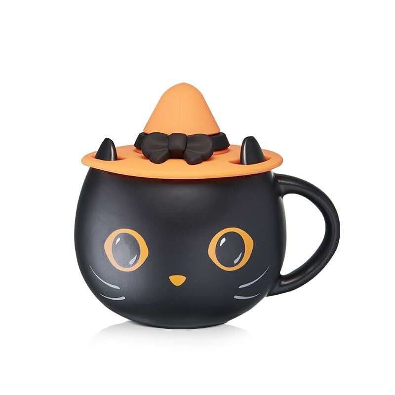 Halloween Black Cat Ceramic Mug with Wizard Hat Lid and Spoon-Ceramic Mug-12-Colydia