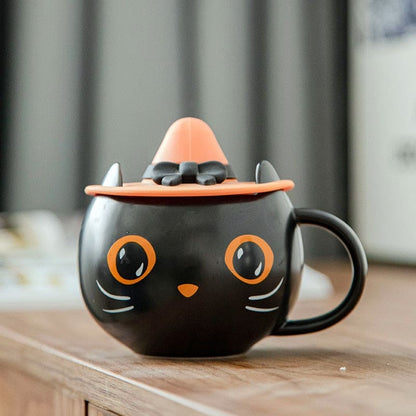 Halloween Black Cat Ceramic Mug with Wizard Hat Lid and Spoon-Ceramic Mug-4-Colydia