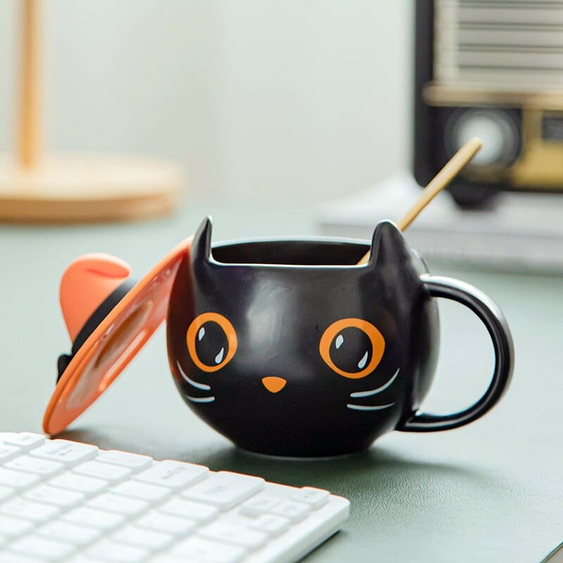 Halloween Black Cat Ceramic Mug with Wizard Hat Lid and Spoon-Ceramic Mug-11-Colydia