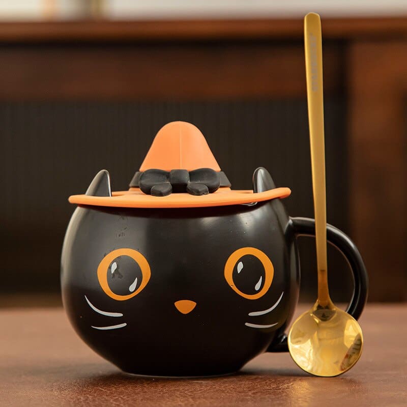 Halloween Black Cat Ceramic Mug with Wizard Hat Lid and Spoon-Ceramic Mug-1-Colydia