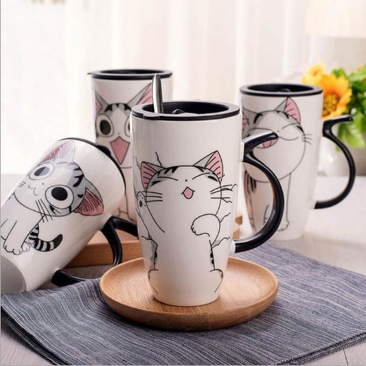 Charming Cat Thermos Mug with Insulating Lid - 600ml Porcelain-Insulated Porcelain Travel Mug-1-Colydia