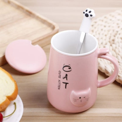 Ceramic Cat Mug with Raised Paw Lid & Spoon | 400 mL Capacity-Ceramic Cat Mug-Pink-7-Colydia