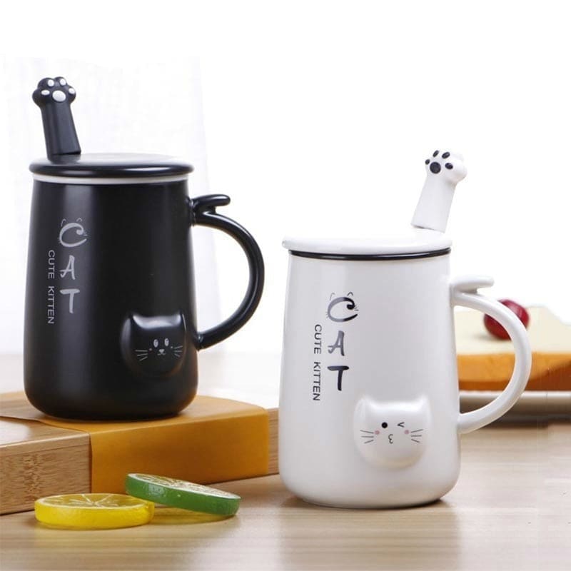 Ceramic Cat Mug with Raised Paw Lid & Spoon | 400 mL Capacity-Ceramic Cat Mug-2-Colydia