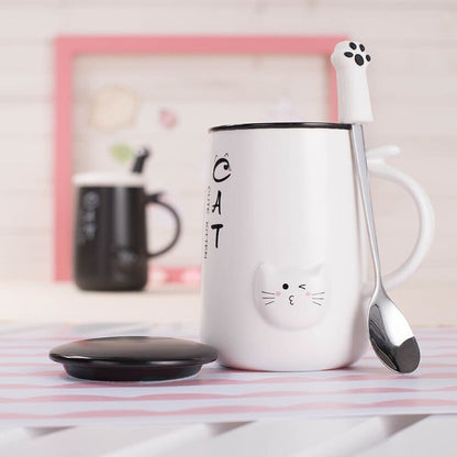 Ceramic Cat Mug with Raised Paw Lid & Spoon | 400 mL Capacity-Ceramic Cat Mug-12-Colydia